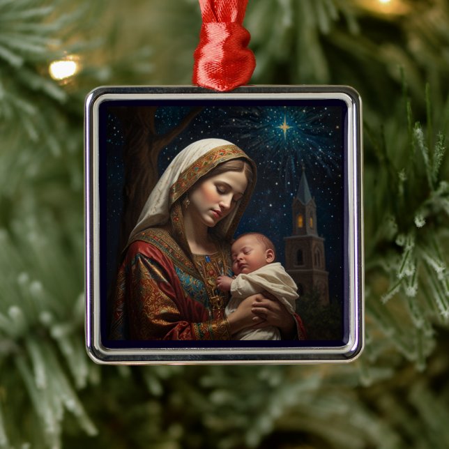 Ornement Carré Argenté Nativité de Noël Vierge Marie & Jésus (Arbre)