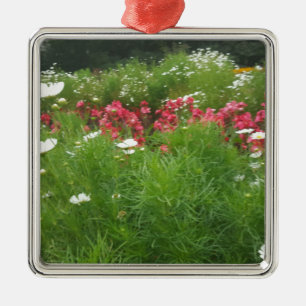 Ornement Carré Argenté Nature Floral rose et blanc Fleurs Grass