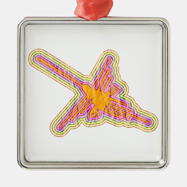 Ornement Carré Argenté Nazca Lignes Colibri Avec Effet Papier Rincé (Devant)
