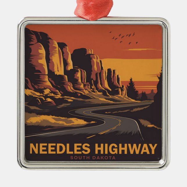 Ornement Carré Argenté Needles Highway South Dakota Red Sky (Devant)