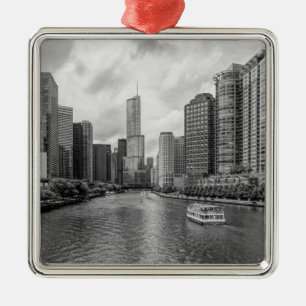 Ornement Carré Argenté Niveaux De Gris De La Rivière Chicago Et De La Tou