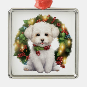 ORNEMENT CARRÉ ARGENTÉ NOËL ADORABLE BICHON FRISE CHIEN WREATAT
