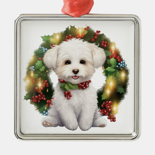 ORNEMENT CARRÉ ARGENTÉ NOËL ADORABLE BICHON FRISE CHIEN WREATAT (Devant)