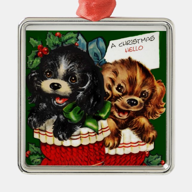 Ornement Carré Argenté Noël Bonjour Puppies (Devant)
