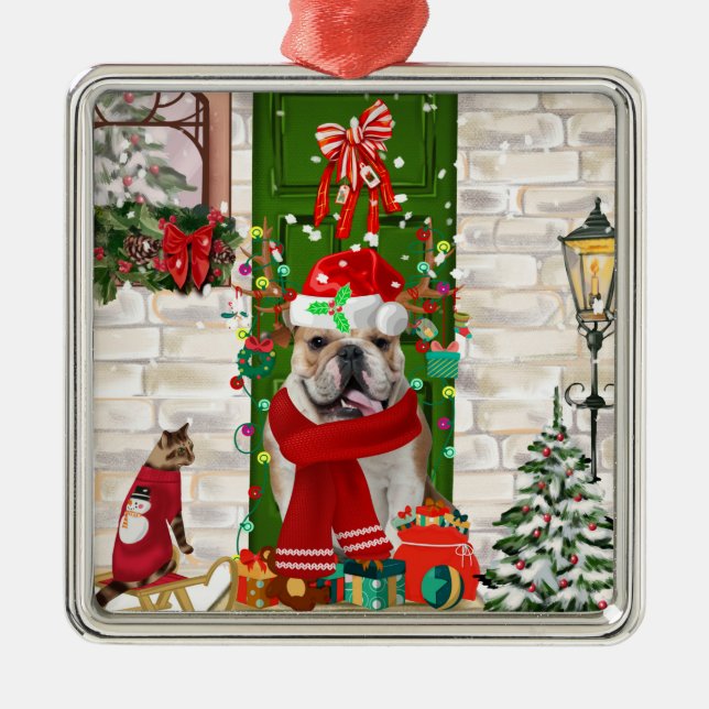 Ornement Carré Argenté Noël de Bulldog anglais (Devant)