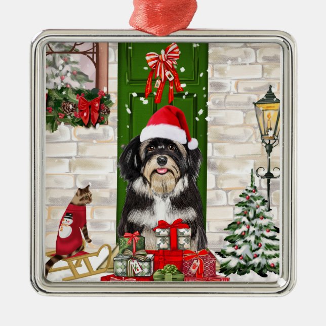 Ornement Carré Argenté Noël de chien Havanais (Devant)