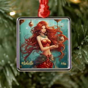 Ornement Carré Argenté Noël de la belle sirène personnalisée