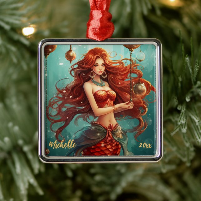 Ornement Carré Argenté Noël de la belle sirène personnalisée (Arbre)