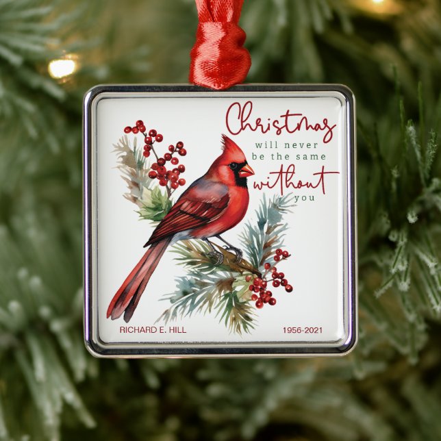 Ornement Carré Argenté Noël du Cardinal Personnalisé (Arbre)