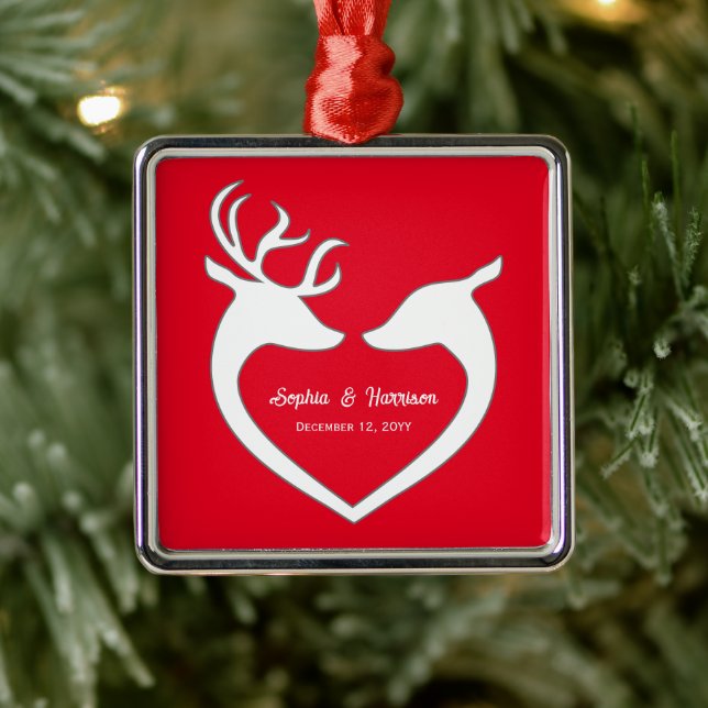 Ornement Carré Argenté Noël du couple Red & White Deer Personnalisé (Arbre)