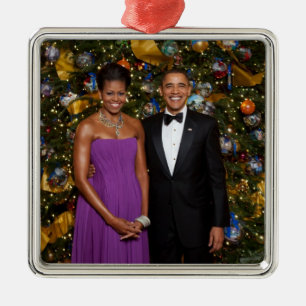 Ornement Carré Argenté Noël du président Barack Obama et de Michelle