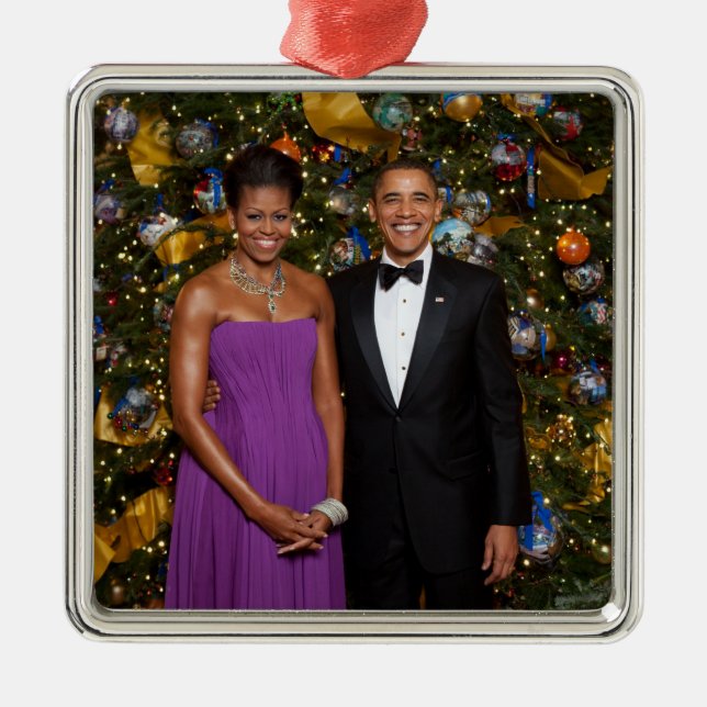 Ornement Carré Argenté Noël du président Barack Obama et de Michelle (Devant)