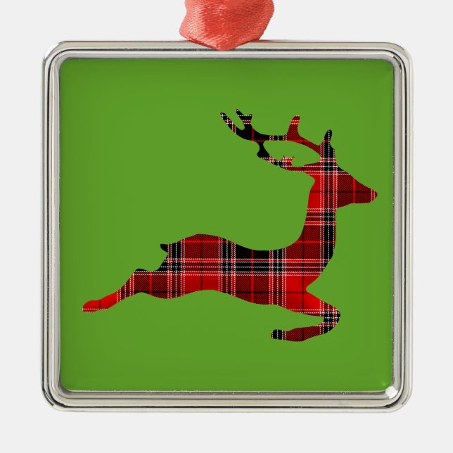 Ornement Carré Argenté Noël écossais aux rennes de Tartan rouge (Devant)