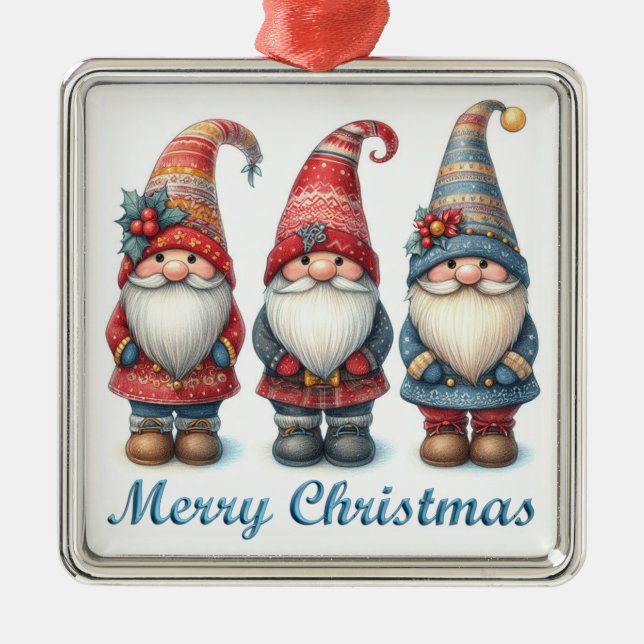 Ornement Carré Argenté Noël Gnomes Trio Ornament (Devant)