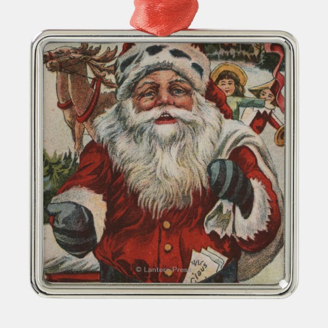 Ornement Carré Argenté Noël GreetingSanta avec des cerfs communs et des (Devant)