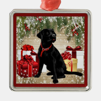 ORNEMENT CARRÉ ARGENTÉ NOËL LABRADOR NOIR