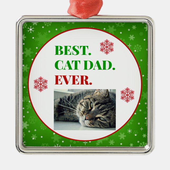 Ornement Carré Argenté Noël Meilleur Chat Papa Jamais Photo (Devant)