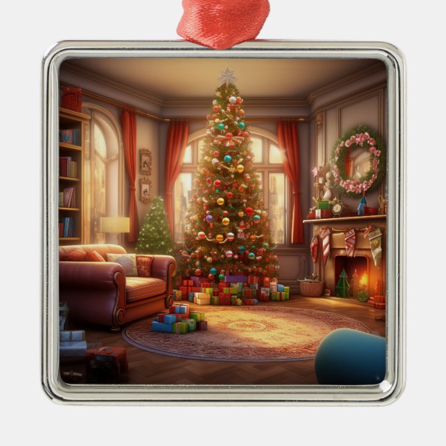 ORNEMENT CARRÉ ARGENTÉ NOËL PACIFIQUE MATIN AVEC ARBRE ET PRÉSENTS (Devant)