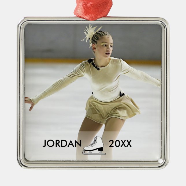 Ornement Carré Argenté Noël personnalisé de nom de patineur de patinage (Devant)