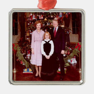 Ornement Carré Argenté Noël Président James Jimmy Carter Maison Blanche