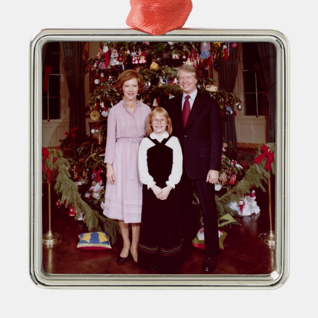 Ornement Carré Argenté Noël Président James Jimmy Carter Maison Blanche (Devant)