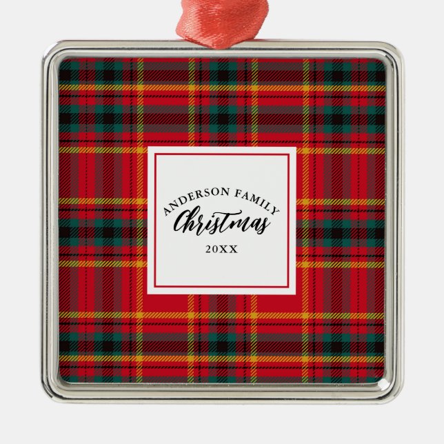 Ornement Carré Argenté Noël Tartan Plaid Nom de famille Année (Devant)