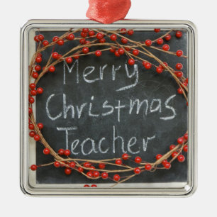 ORNEMENT CARRÉ ARGENTÉ **NOËL WREATH/MERRY CHRISTMAS** PROFESSEUR
