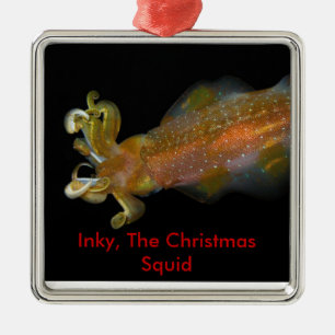 Ornement Carré Argenté Noir d'encre, le calmar de Noël