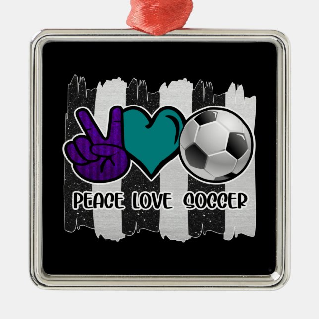 Ornement Carré Argenté Noir et blanc Striped Peace Love Soccer (Devant)