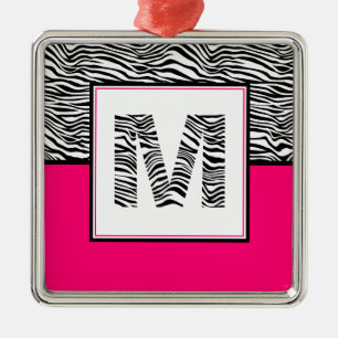 Ornement Carré Argenté Noir et blanc #Zebra Imprimer Monogramme   Rose ch