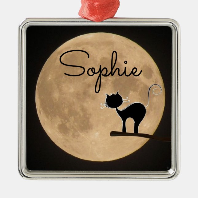 Ornement Carré Argenté Nom cadeau chat noir avec pleine lune (Devant)
