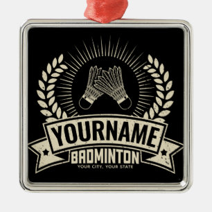 Ornement Carré Argenté Nom du joueur de badminton personnalisé Racquet Sp