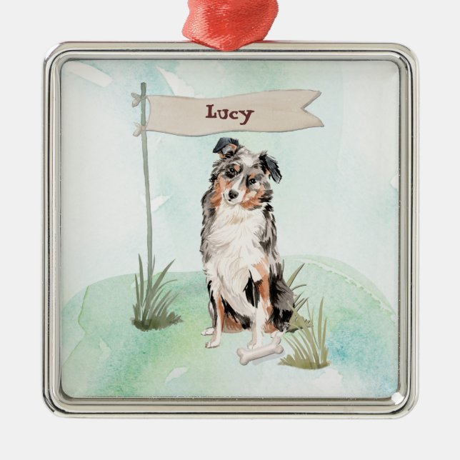 Ornement Carré Argenté Nom personnalisé Australian Shepherd Pet Dog (Devant)