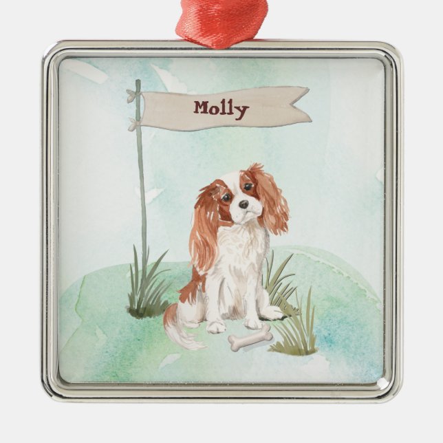 Ornement Carré Argenté Nom personnalisé Cavalier King Charles Spaniel Pet (Devant)