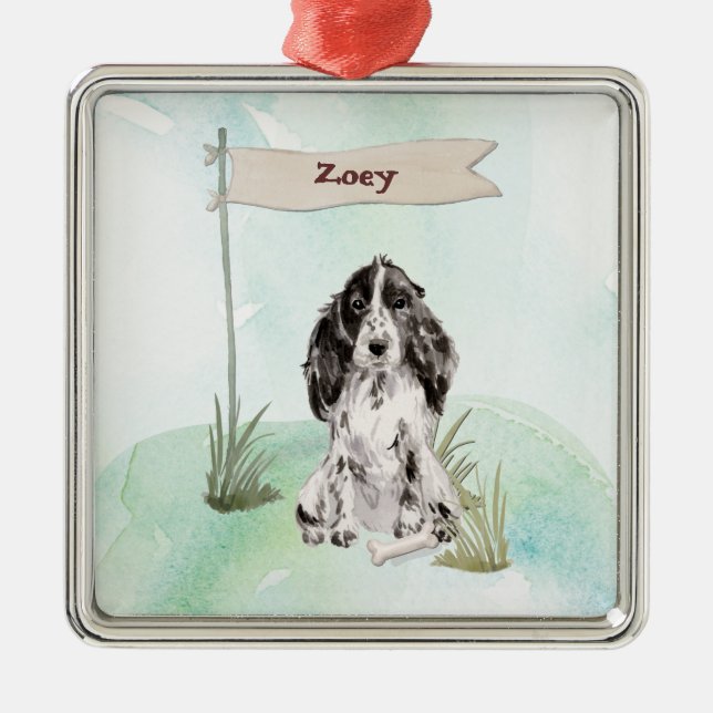 Ornement Carré Argenté Nom personnalisé Cocker Spaniel Pet Chien (Devant)