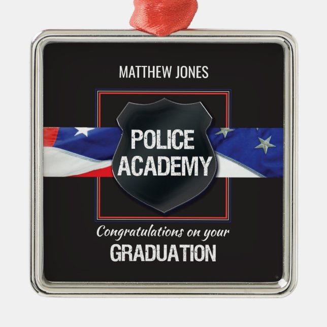 Ornement Carré Argenté Nom personnalisé, diplôme de l'académie de police (Devant)