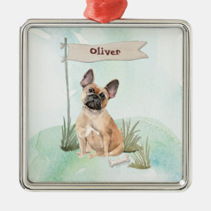 Ornement Carré Argenté Nom personnalisé French Bulldog Pet Chien