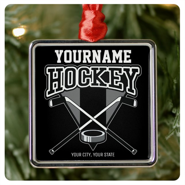 Ornement Carré Argenté NOM Personnalisé Joueur de hockey Stick Puck Team (Créateur téléchargé)