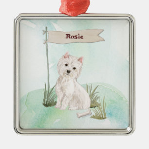 Ornement Carré Argenté Nom personnalisé Westie Pet Dog