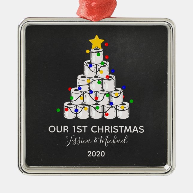 Ornement Carré Argenté Notre 1er Arbre Papier Toilette de Noël 2020 (Devant)