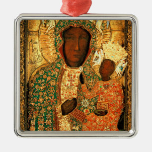Ornement Carré Argenté Notre-Dame de Czestochowa Vierge noire Pologne cad