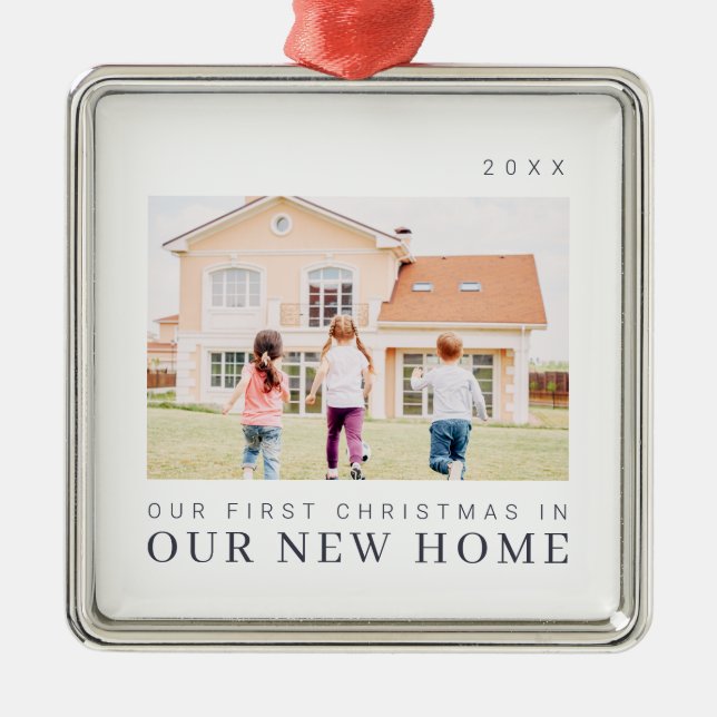 Ornement Carré Argenté Notre Premier Noël Dans Notre Nouvelle Maison Mode (Devant)