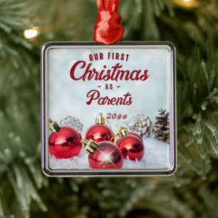 Ornement Carré Argenté Notre premier Noël de Parents Intemporel