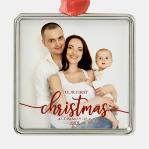 Ornement Carré Argenté Notre Premier Noël En Famille De 3 Script Rouge