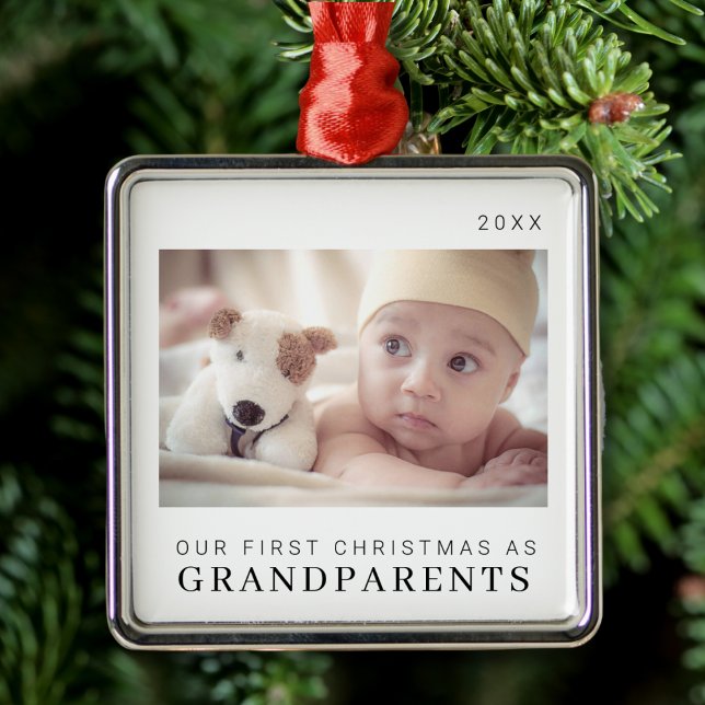 Ornement Carré Argenté Notre premier Noël en grands-parents Moderne (Créateur téléchargé)