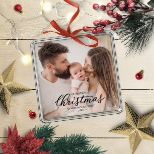 Ornement Carré Argenté Notre premier Noël en tant que maman et papa Photo