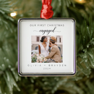 Ornement Carré Argenté Notre premier Noël engagé photo minimaliste