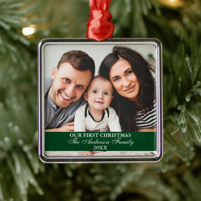 Ornement Carré Argenté Notre première famille de Noël photo Carré vert (Arbre)
