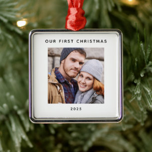 Ornement Carré Argenté Notre première photo de couple de Noël