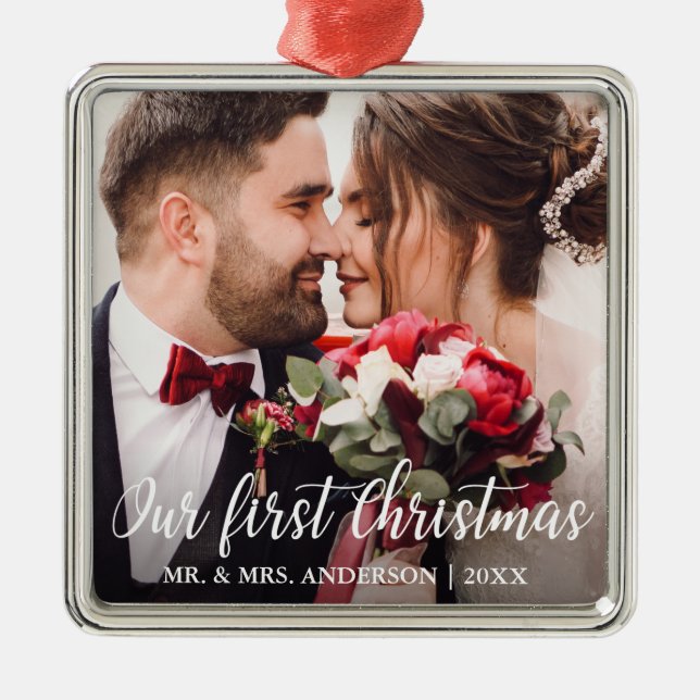 Ornement Carré Argenté Notre Première Photo De Mariage De Noël Écriture B (Devant)
